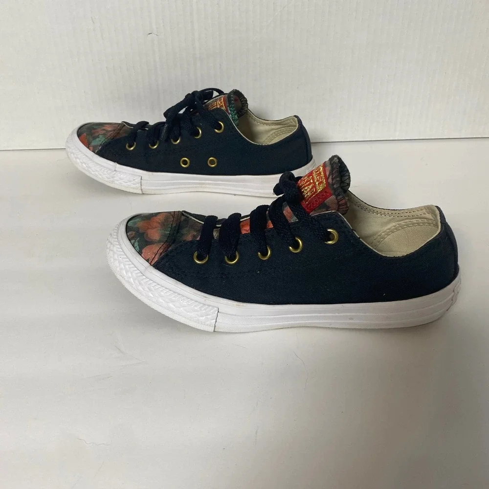 Converse‎ All Star Low Top Youth Size 2 Floral Black Gold Eyelet Sneakers Shoes